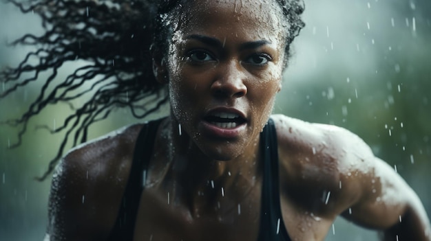 Foto actieportret van vrouwen die rennen of trainen in de regen, zelfverzekerde en gefocuste vrouwelijke atleet