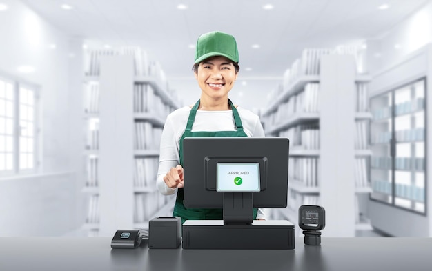 Actieve Aziatische verkoper draagt groene uniform glimlachend met verkooppunt terminal of kassier bureau