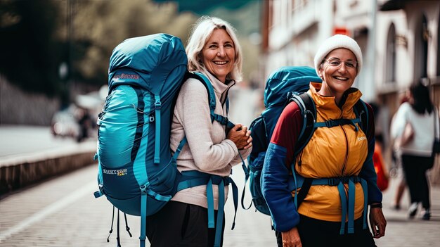 Foto actieve bejaarde backpackers genieten van de buitenlucht