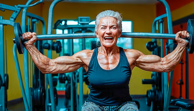 Actieve gelukkige oudere vrouw die sport doet in de sportschool