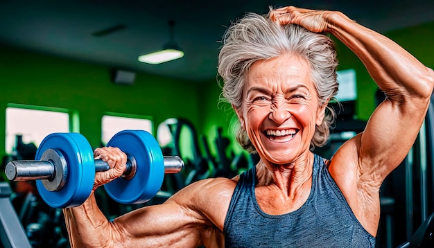 Actieve gelukkige oudere vrouw die sport doet in de sportschool