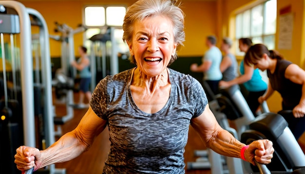 Actieve gelukkige oudere vrouw die sport doet in de sportschool