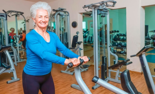 Actieve gelukkige oudere vrouw die sport doet in de sportschool