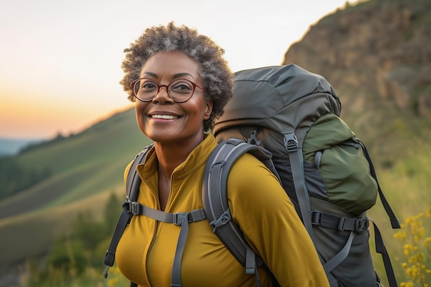 Actieve gepensioneerde zwarte vrouw die in de bergen wandelt in de herfst of zomer seizoen buiten Generatieve AI