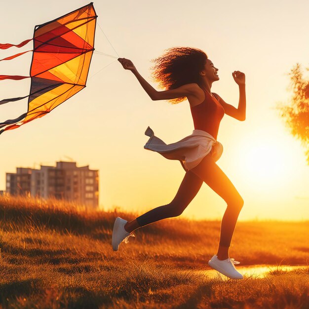 Actieve levensstijl Gelukconcept Gelukkige jonge vrouw die met een vlieger in een park loopt bij zonsondergang