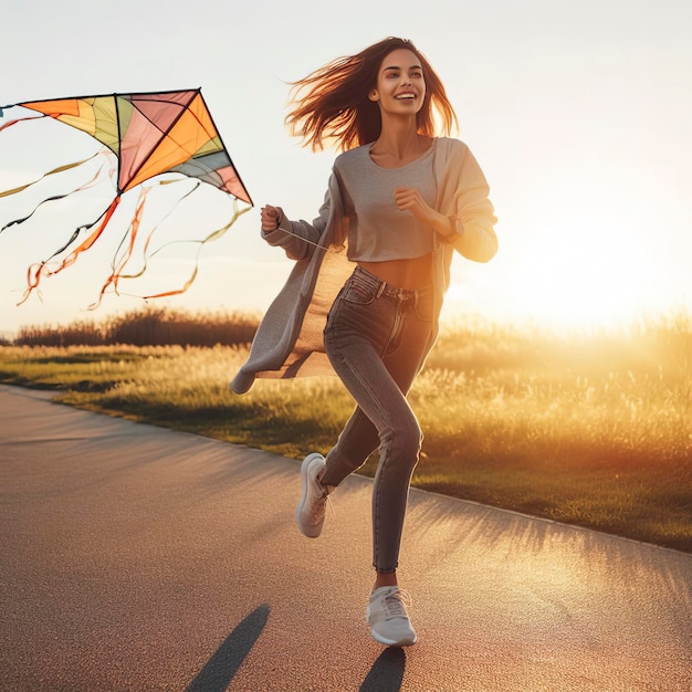 Actieve levensstijl Gelukconcept Gelukkige jonge vrouw die met een vlieger in een park loopt bij zonsondergang