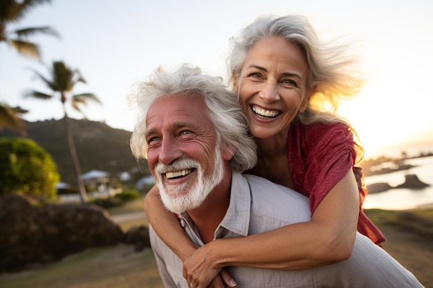 Actieve pensionering Joyous Senior paar omarmen buitenshuis