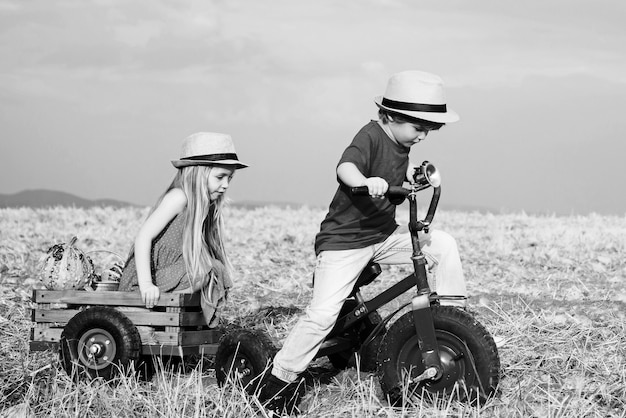 Actieve peuter jongen buiten spelen en fietsen. twee kinderen plezier in veld tegen blauwe hemel