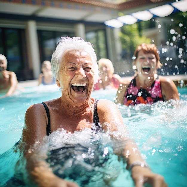 Actieve senior vrouwen genieten van aquafitles in een zwembad