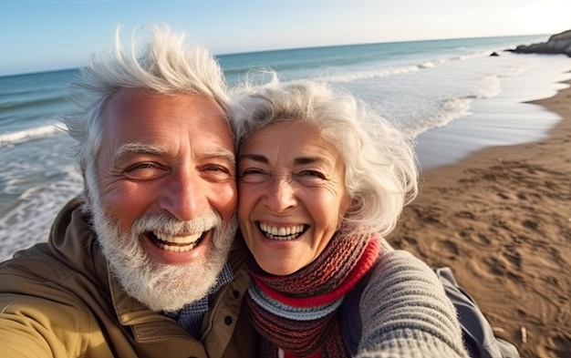 Actieve senioren die selfies maken van hun plezier buiten in de herfst aan de zee.