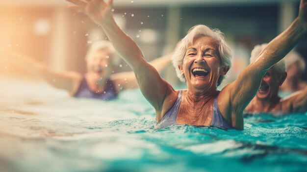 Foto actieve seniorenvrouwen in aquafitklasse, vreugde en kameraadschap