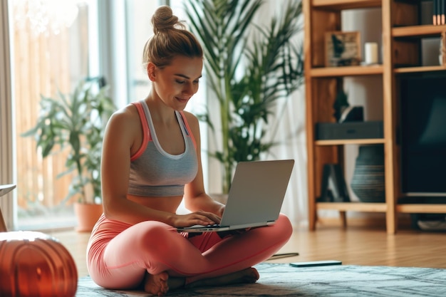 Actieve vrouw doet thuis fitness en kijkt naar online lessen