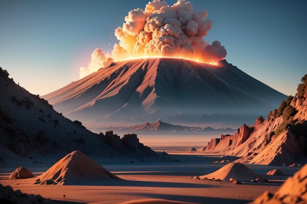 Foto actieve vulkaanuitbarstingen spuwen lava uit vulkanische landvormen