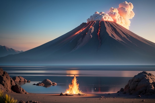 Foto actieve vulkaanuitbarstingen spuwen lava uit vulkanische landvormen