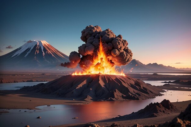 Foto actieve vulkaanuitbarstingen spuwen lava uit vulkanische landvormen