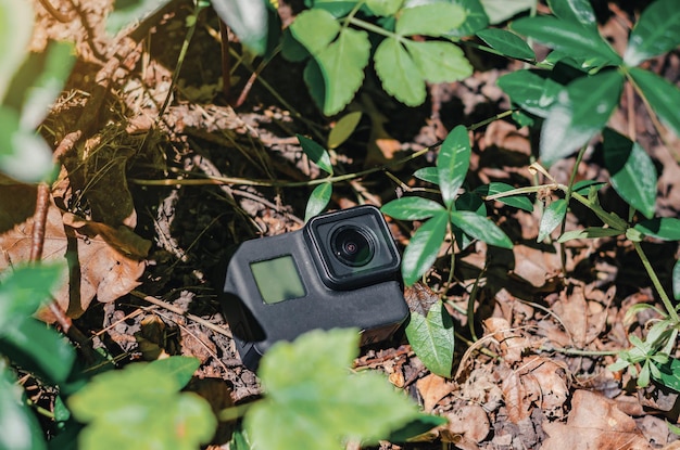 나뭇잎 사이의 풀밭에 있는 지상의 액션 카메라