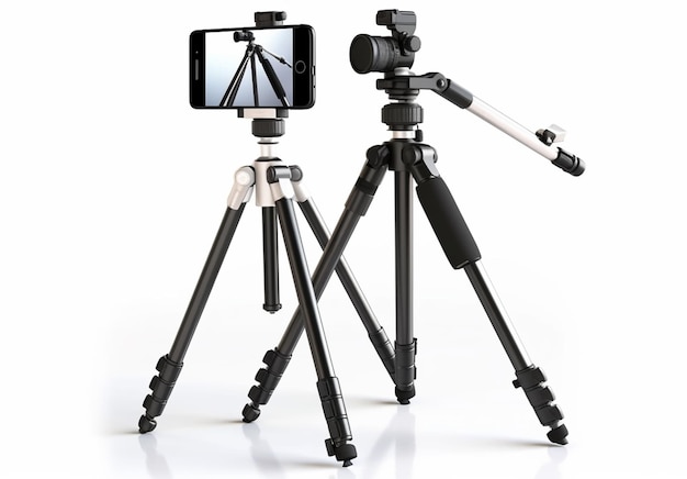 Action camera on mini tripod with smartphone isolated on white Background