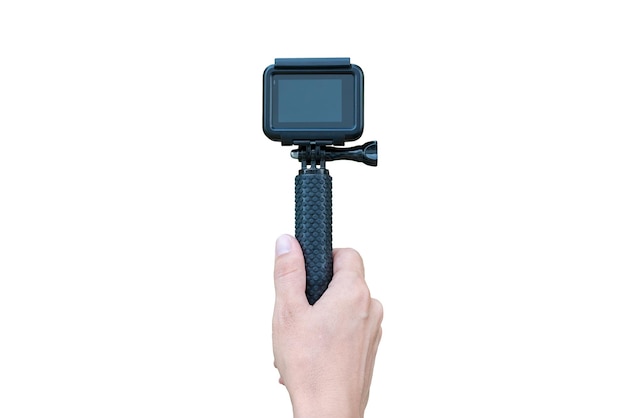 Action camera on stick in hand isolated in white Blank screen for mockup