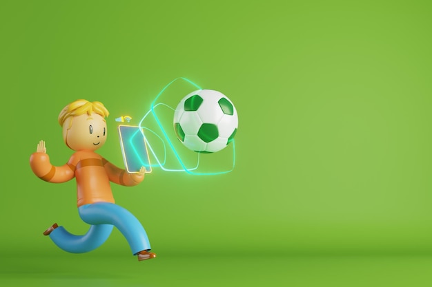 Action cartoon 3d character boy in sports action 3d illustrator
colorful human design happy face sport object rendering fitness
activity health concept copy space background soccer ball