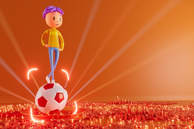 Action cartoon 3d character boy in sports action 3d illustrator colorful human design happy face sport object rendering fitness activity health concept copy space background soccer ball