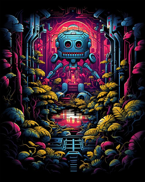 Action cyber machine illustration in the Enchanted Woods background