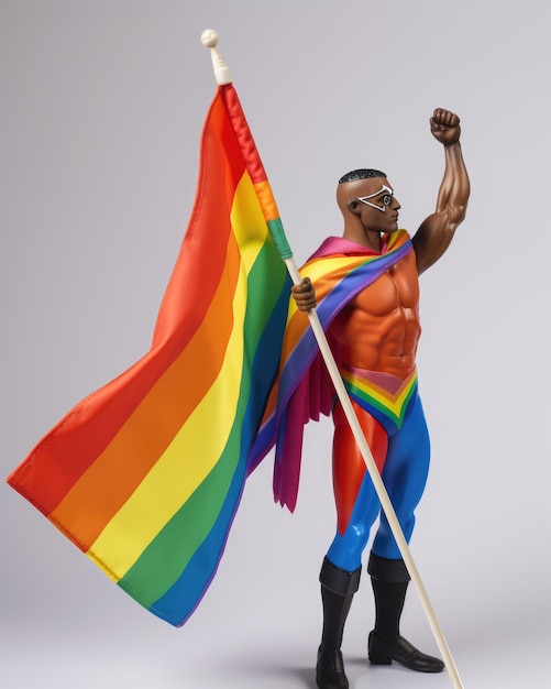 An action figure holding a flag with the LGBTQIA colors