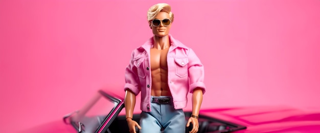 A Action Figure of a Man in pink on isolated background with a convertible car