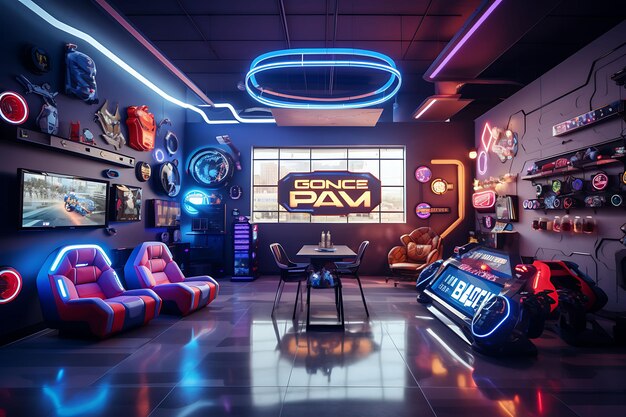 Photo action game room boys with arcade machine and wall mount act trending background room decorative