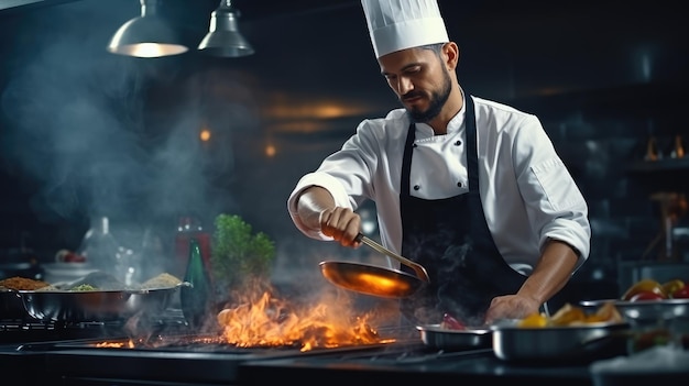 Action of Professional chef working in restaurant kitchen n a dark background