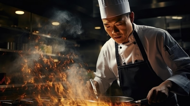 Photo action of professional chef working in restaurant kitchen n a dark background