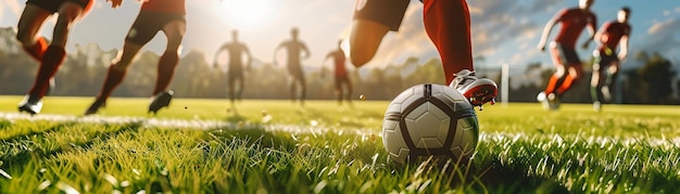 Photo action shot the dynamism of a soccer game in progress a player kicking the ball midstride