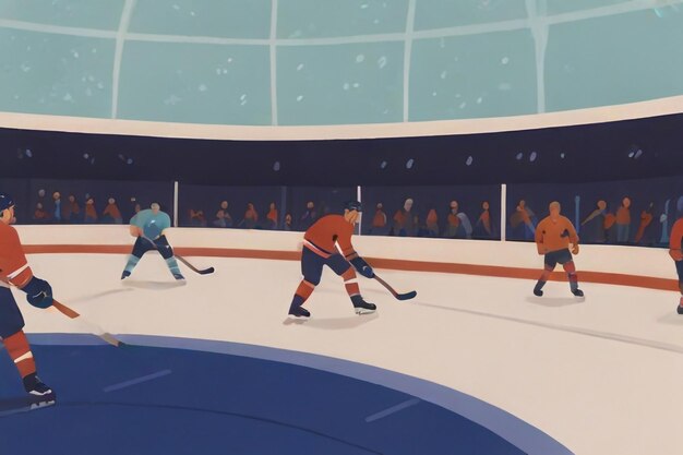 Photo an action shot of a hockey game in an arena players in midmotion as they compete for the puck