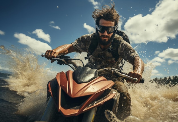 Action shot of man on a jet ski close up blue sky water splashes extreme sport