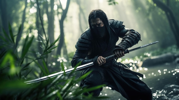 Action shot of a martial arts warrior in the bamboo forest Cinematic dynamic scene in action movie blockbuster style