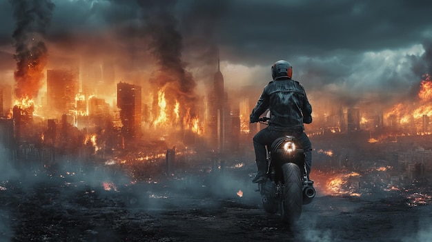 Action shot met man die wegrijt van explosie op fiets Dynamische scène met vuur in actie film blockbuster stijl