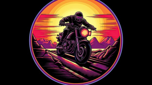 Photo action shot of a motorbike synthwave tshirt vector enclsoed in a circle sunset contour white background generative ai