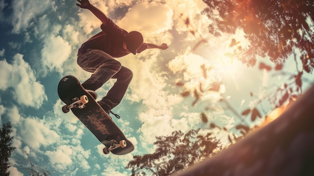 写真 自由と冒険を象徴するワイドアングルレンズで撮影されたスケートボード選手のアクションショット