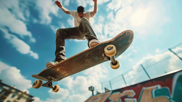 스케이트보더가 자유와 모험을 상징하는 광각 렌즈로 촬영된 트릭을 수행하는 액션 
