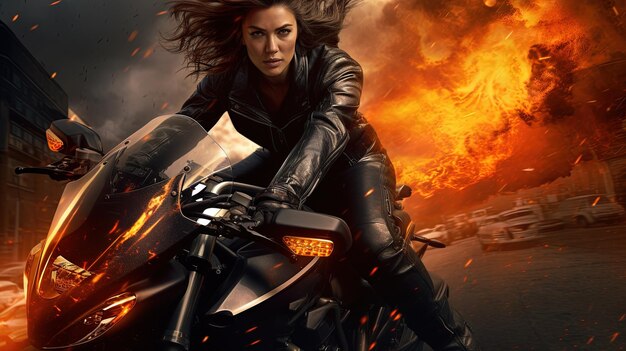 Action shot with black woman on the bike riding away from fire and explosion Dynamic scene in action movie blockbuster style