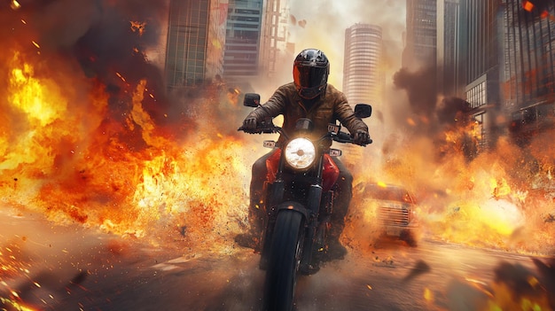 バイクで爆発から逃げる男のアクションショット アクション映画のブロックバスタースタイルで火を放つダイナミックなシーン