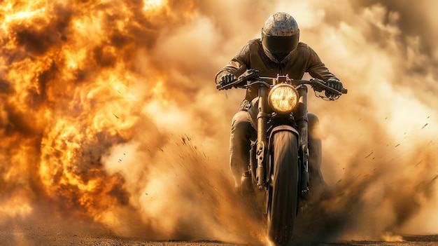 Action shot with man riding away from explosion on bike Dynamic scene with fire in action movie blockbuster style