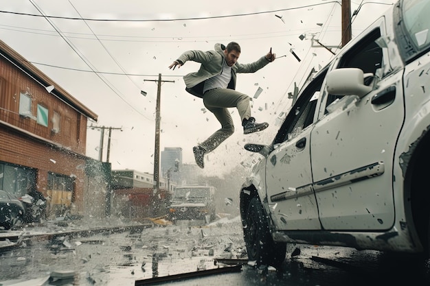 남자가 도망가는 액션 샷 액션 영화 블록버스터 스타일의 자동차가 있는 다이내믹한 장면 생성된 AI