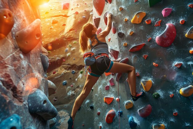 Foto una ripresa di un'azione di una donna che si arrampica su un muro in un centro di arrampicata coperto