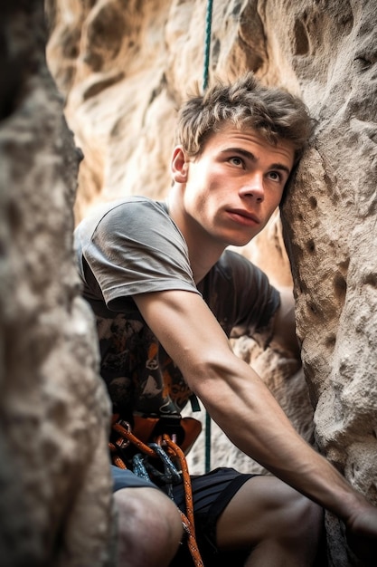 Foto azione di un giovane alpinista maschio sulla parete creata con l'ai generativa