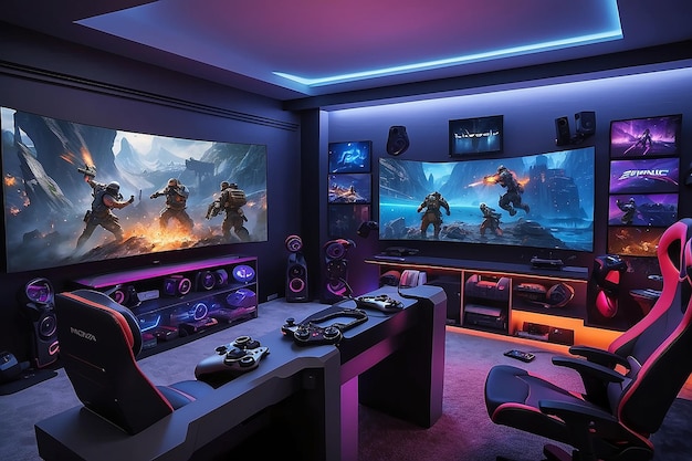 Photo actionpacked gaming room mockup with controllers and headsets