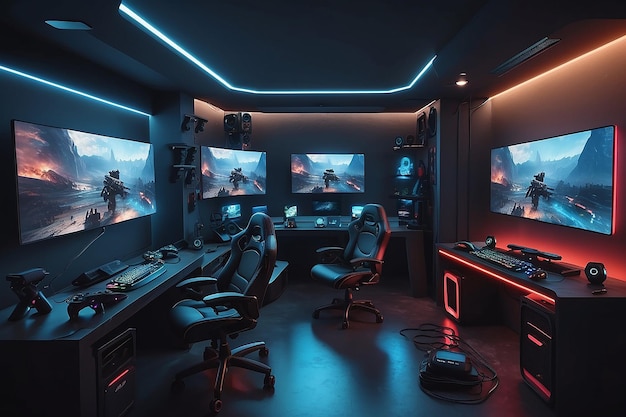 Photo actionpacked gaming room mockup with controllers and headsets