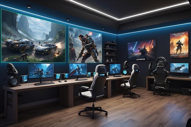 Photo actionpacked gaming room mockup with controllers and headsets