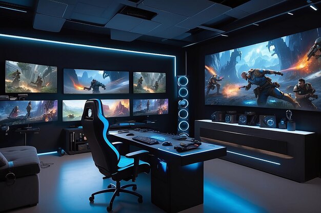 Photo actionpacked gaming room mockup with controllers and headsets