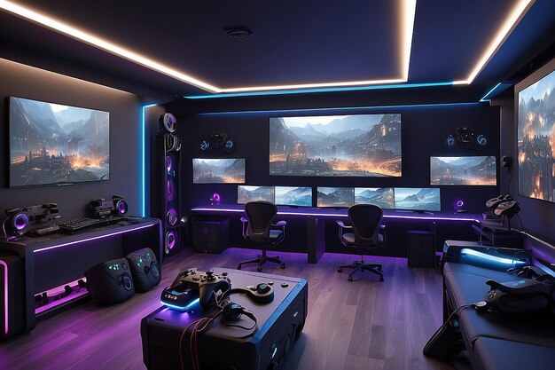 Photo actionpacked gaming room mockup with controllers and headsets