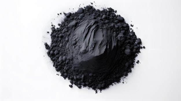 Activated charcoal powder top view isolated on white background